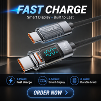 Câble de charge rapide USB C vers USB C PD 100W en nylon tressé de 1 m avec affichage numérique de la puissance pour smartphones et ordinateurs portables