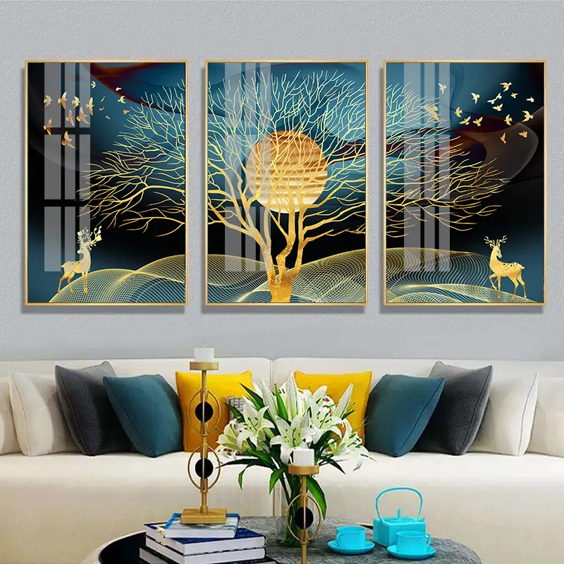 Golden Abstract Deer Tree Bird Wall Art Canvas Painting Nordic Posters and Prints Decorative Pictures for living Room Home Decor