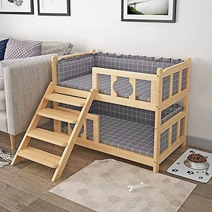 Lit pour chien double couche en bois massif de luxe avec barrière de sécurité, coussin gris universel quatre saisons, maison pour animaux à motif animalier - Product Image 3