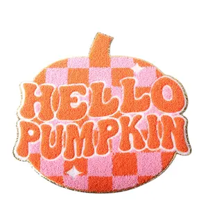 Custom large chenille patches low MOQ Halloween big iron on gold glitter orange checked Hello pumpkin chenille patches for women