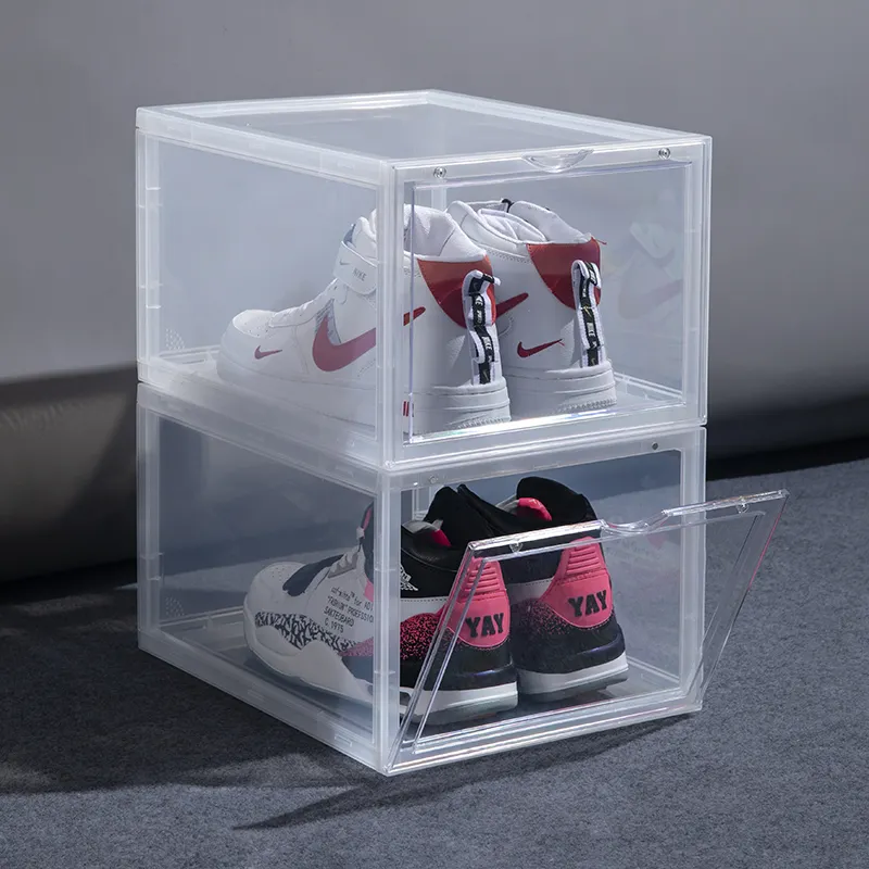 투명 상자 아크릴 도매 신발 케이스 사용자 정의 명확한 신발 상자 6 팩 드롭 프론트 스택 마그네틱 스니커즈 스토리지 박스
