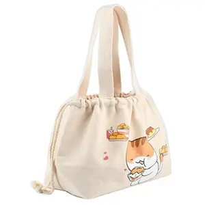 Wholesales New Arrival 12Oz Drawstring Tote Bag Cotton Canvas Tote Bags Beach Draw String Canvas Lunch Box Bag with Logo