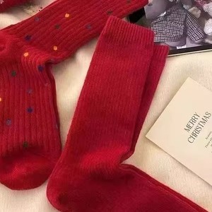 Red Mid-Calf <b>Socks</b> Women <b>Breathable</b> Polyester Solid Color Warm Autumn Winter Festive Style - Product Image 2