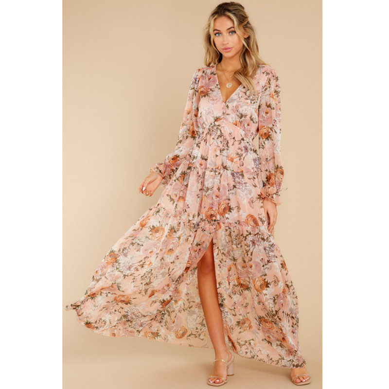 Casual Split Up Floral Resort Wear Print Long Sleeve Maxi Dress Women