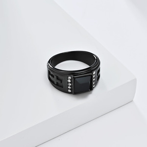 Cross <b>Titanium</b> Steel <b>Ring</b> With <b>Black</b> Gem And Diamond Pave Setting For Men Hip Hop Punk Jewelry - Product Image 4