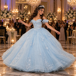 Lsdz023-Pz Charming Powder <b>Blue</b> Cold Shoulder Pleated Cap Sleeve Embroidered Leaf Lace <b>Ball</b> <b>Gown</b> Quinceanera Dress Jancemebr - Product Image 3