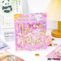 Kit d'autocollants 3D pour mini-maison de poupée, scène de dessin animé mignonne, ensemble d'artisanat DIY à assembler, autocollants en papier, pinces, chaîne de perles pour enfants