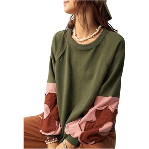 FOXA Women's Oversized Sweatshirt <b>Patchwork</b> Crewneck Petal Sleeve Long Sleeve Pullover <b>Tops</b> Breathable Knitted Cotton Blend - Product Image 6