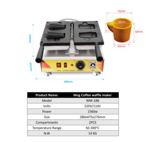 Macchina per Waffle a Forma di Tazza di Caffè Commerciale 1560W 50-300 ℃   Macchina per Waffle Compatta con Controllo della Temperatura e Timer per Snack - Product Image 3