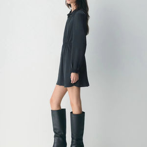 Ladies' Deep Blue Chiffon Pleated <b>Long</b> Sleeve Mi-di Casual Elegant Dress with Customized <b>Skirt</b> - Product Image 4