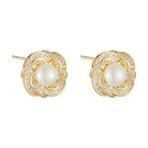 Freshwater Pearl <b>Stud</b> <b>Earrings</b> AAA Grade Gold Tone Flower Design Micro <b>Set</b> Zirconia Wedding Jewelry S925 Sterling <b>Silver</b> Needles - Product Image 5