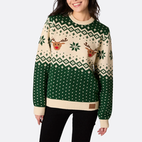 Pull-over unisexe en coton 100% jacquard tricoté plat, col rond, manches longues, motif élan de Noël, couleur unie sésame, pour l'hiver