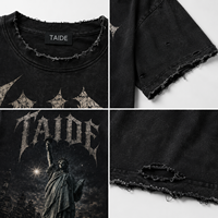 T-shirt TaiDe en coton BCI 280 GSM, délavage minéral, imprimé Statue de la Liberté style gothique Old English, coupe oversize pour homme, effet vieilli et déchiré, coupé-cousu