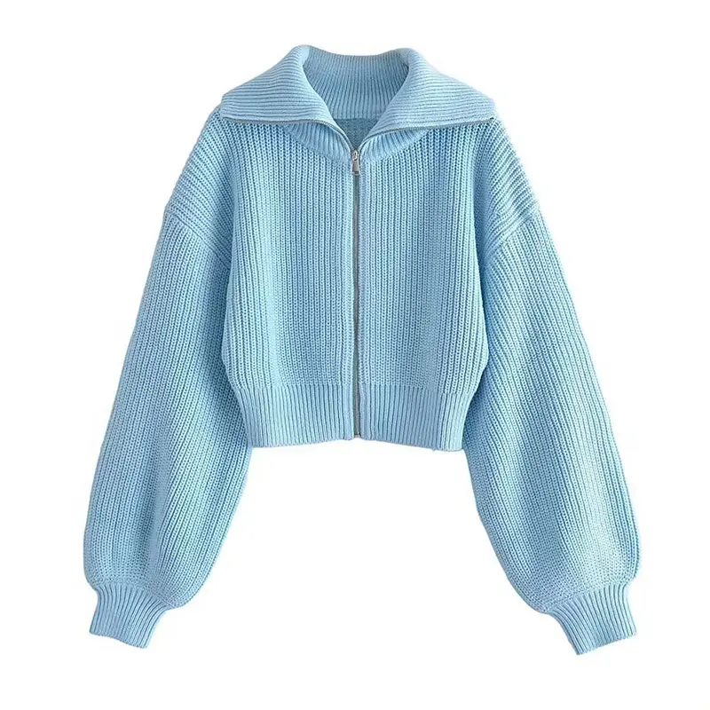 ZATRHMBM Women 2022 Autumn Fashion Half-Zip Sky Blue Knit Sweater Cardigan Vintage Long Sleeve Female Sweaters Chic Tops
