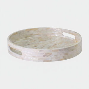 Bandeja Redonda de Nácar de 12.6 Pulgadas con Asas, Bandeja Decorativa de Madera Nacred para Mesa de Centro (Azulejos Blancos) - Product Image 1