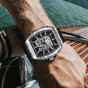PINDU High Quality <b>Silver</b>-Black Color-Blocking Tonneau-Shaped Hollow <b>Men's</b> Automatic Mechanical <b>Watch</b> 3D Dial Water Resistant - Product Image 2
