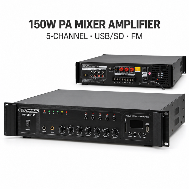 Commercial 150W PA Mixer Amplifier with Multi-Mic Inputs USB FM Player for Hotel School and Mall