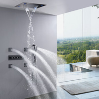 Kit de douche LED encastré au plafond, design moderne haut de gamme, finition brossée, avec mitigeur thermostatique en laiton, douchette multi-jets et douchette à main, ensemble complet