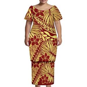 Op Maat Gemaakte Ronde Hals Ontwerp Vrouwen 2-delige Jurk Plus Maat Tonga Samoan Puletasi Jurk Met Korte Mouwen, Polynesische Tribale Print - Product Image 3