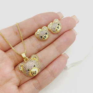 Moda Hip Hop brillante completo circón collar gran oso de peluche cabeza colgante pendiente 18K chapado en oro joyería conjunto mujeres - Product Image 5