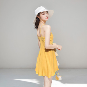 Traje de baño de una pieza para mujer Baiya con control de abdomen, efecto adelgazante, vestido mini de playa, cuello en V, manga tres cuartos - Product Image 3