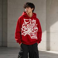 Sweat-shirt à capuche en molleton de coton épais avec motif toile d'araignée vieilli, appliqué 3D, style streetwear pour homme