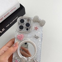 Coque de téléphone pour iPhone 17 Pro Max avec nœud perlé et miroir rond, en PC, strass de luxe, étoile, mode coréenne pour femmes, compatible iPhone 16 15 14 Plus