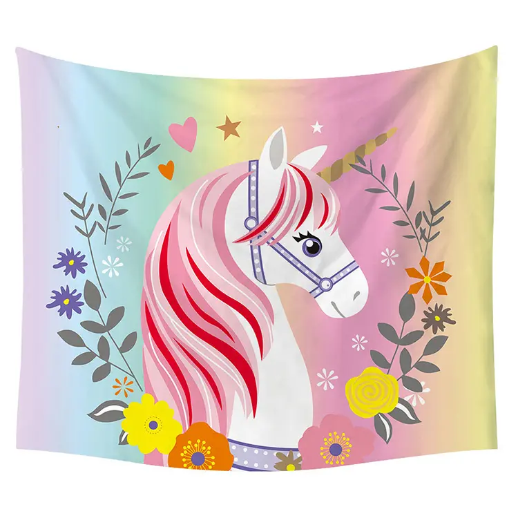 New Trendy Aesthetic Kids Birthday Decoration Pink Watercolor Print Wall Hanging Unicorn Tapestry