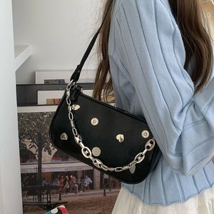 Sac à bandoulière pour femme de style coréen, noir texturé, avec chaîne décorative, fermeture éclair souple, pour tenues de tous les jours, sac bandoulière - Product Image 1