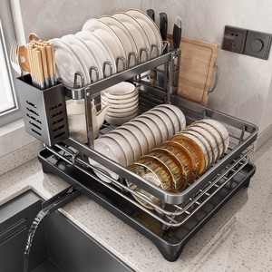 Stainless Steel <b>Dish</b> <b>Rack</b> Double Layer Quick Dry Kitchen Storage Drain Basket Plate Bowl Chopsticks Holder L Size - Product Image 1