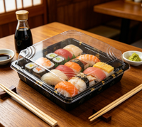 Boîte à sushi jetable personnalisée avec couvercle, design feuille d'or, en PET recyclé, couleur personnalisée, adaptée aux nouilles, pizzas et sandwichs