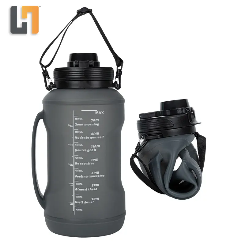 ストローとタイムマーカー付きの大容量BPAフリースポーツトラベル折りたたみ式飲用シリコンウォーターボトル