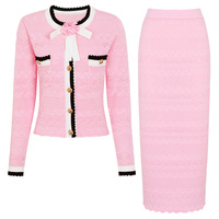 Ensemble élégant tricoté pour femme : robe deux pièces avec nœud tendance, pull à manches longues boutonné et jupe assortie
