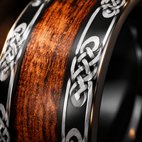 JLM Cincin Pria Baja Tahan Karat Hitam Antik Cincin Pernikahan Simpul Celtic Inlay Kayu Alami Hadiah Perhiasan Biker Punk