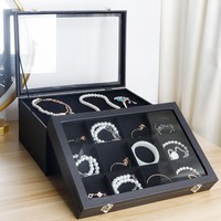 Boîte à bijoux rectangulaire en cuir PU noir, très vendue, pour rangement et présentation de colliers, bagues, boucles d'oreilles et bracelets, avec fenêtre