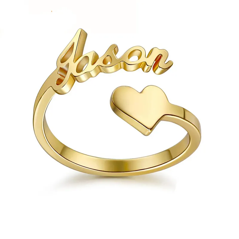 Anel de dedo personalizado com nome personalizado, anel de aço inoxidável unissex ajustável para casal, amantes do coração