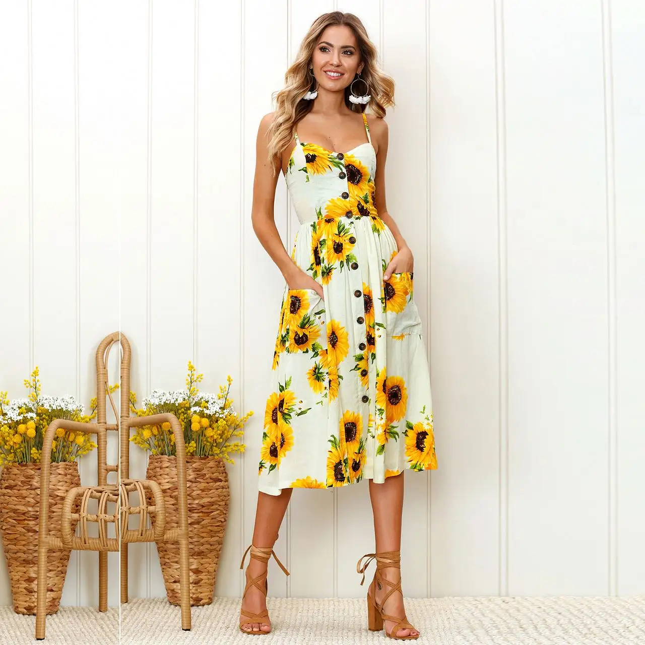 Gaun seksi punggung terbuka berkancing halter motif nanas bunga matahari wanita 36 warna 6 ukuran T1369