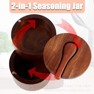 Wooden Double Layer Spice <b>Jar</b> With Spoon Airtight <b>Kitchen</b> Seasoning Container <b>For</b> Salt Sugar <b>Storage</b> - Product Image 4