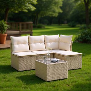 Ensemble de canapés de jardin en rotin beige 4 places, mobilier d'extérieur résistant aux intempéries, design contemporain - Product Image 2