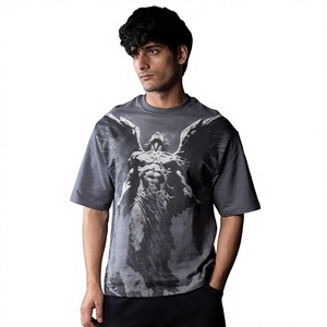 T-shirt graphique oversize noir délavé à l'acide pour homme, manches courtes, style streetwear, imprimé personnage d'anime, col rond - Product Image 5
