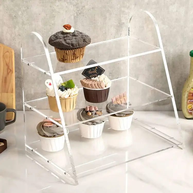 Suporte de exposição de acrílico com 3 degraus de escada, prateleira de acrílico durável transparente para bolo