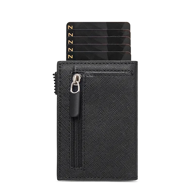Design Fashion Zipper Coins Magnetic Card Holder Aluminum Pu Leather Business Rfid Smart Wallet Card Holder 2023
