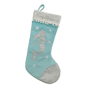 Wholesales Mermaid Christmas Stocking Silver Blue Patchwork Design Velvet Marine Xmas Stockings Manufacturer