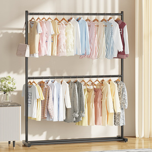 Porte-vêtements double couche en fer gain de place, à poser au sol, armoire portable avec <span class=keywords><strong>tringle</strong></span> de suspension et étagères, pliable pour chambre et bureau - Product Image 1