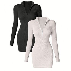 Mono <span class=keywords><strong>sexy</strong></span> de moda para mujer, primavera-verano 2024, con cremallera frontal, top de manga larga acanalado y minifalda, ideal para la calle y el día a día. - Product Image 2