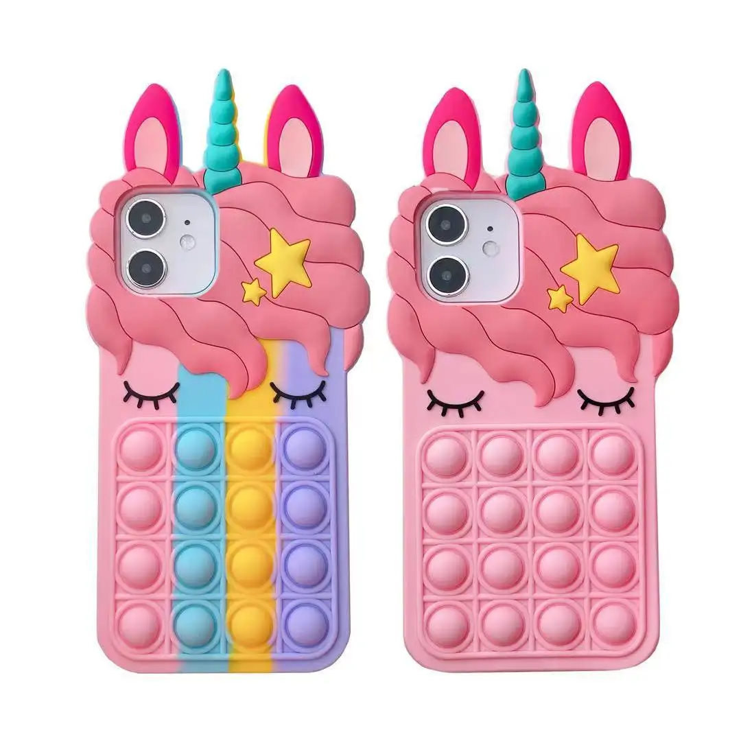Cartoon 3D Unicorn Rainbow Pink Stress Fidget Toy Push It Bubble Phone Case Newest Design for iphone 13 12 11 Pro max COVER