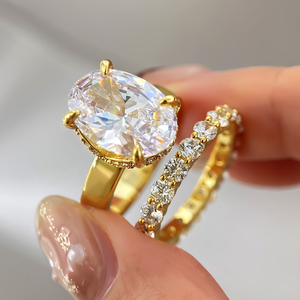 Luxury Zircon 18K Gold Plated Brass Gemstone Engagement <b>Stack</b> <b>Ring</b> with Oval Cut Zirconia 18K Gold Plated for Women - Product Image 2