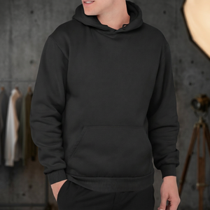Men's Black Solid Plain Dyed Hooded Sweatshirt Regular Fit Casual Autumn Wear 100% Cotton Fleece Woven Front Pocket <b>Design</b> - Product Image 2