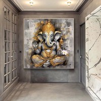 100% hecho a mano religión Ganesha Extra grande pared arte abstracto gris lienzo Original arte Buda pintura enmarcada pared arte