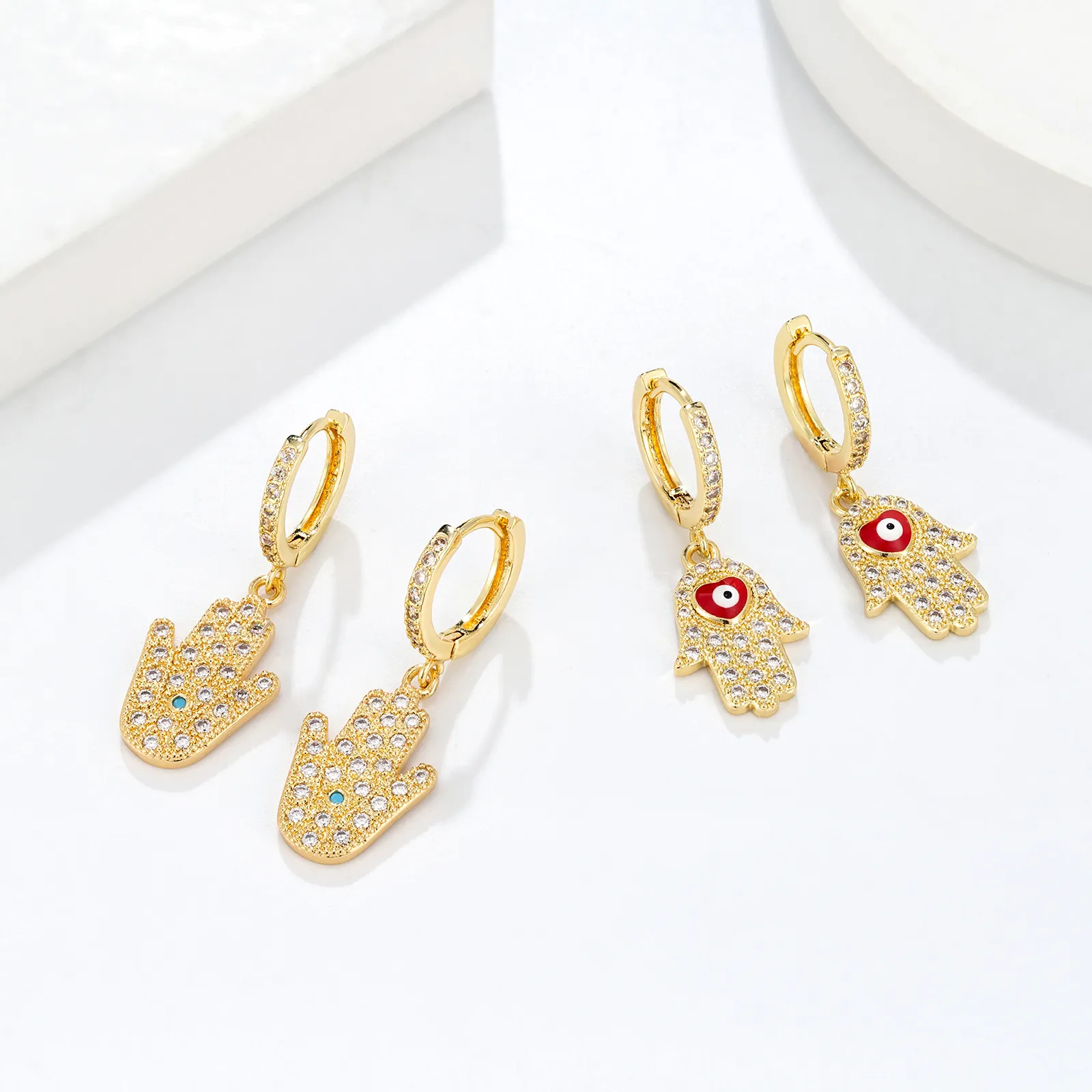 Pendientes JML de mano de Fátima chapados en oro de 14K de alta calidad con diamantes de circón, joyería de moda, pendientes de ojos malvados para hombres y mujeres